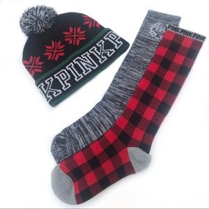 PINK Pom Pom Beanie and Sock Bundle Red Black NWOT